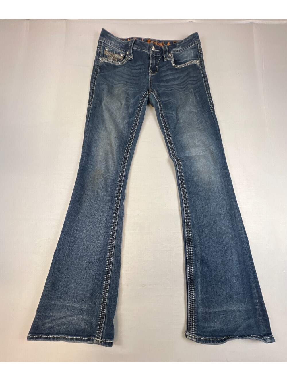 Rock Revival Women 28 Sapphire Mid-Rise Boot Jeans Denim Embroidered Flap Pocket